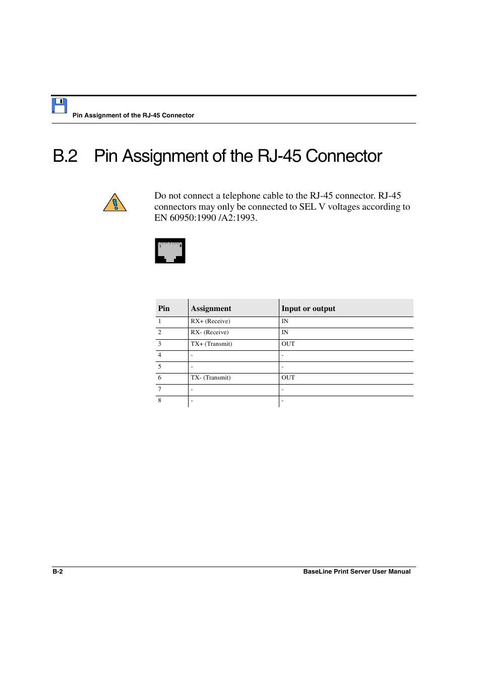 B.2 pin assignment of the rj-45 connector | Konica Minolta PagePro 1300 Series User Manual | Page 42 / 50