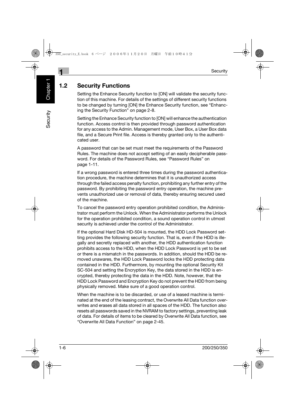 2 security functions, Security functions -6 | Konica Minolta bizhub 200 User Manual | Page 11 / 90