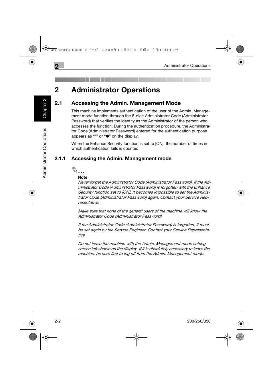 1 accessing the admin. management mode, Administrator operations, Accessing the admin. management mode -2 | 2administrator operations | Konica Minolta bizhub 200 User Manual | Page 19 / 90