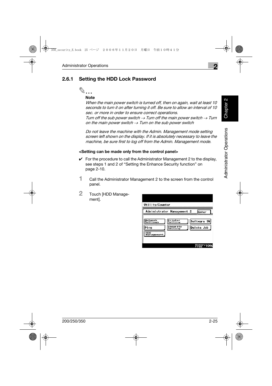 1 setting the hdd lock password, Setting can be made only from the control panel | Konica Minolta bizhub 200 User Manual | Page 42 / 90