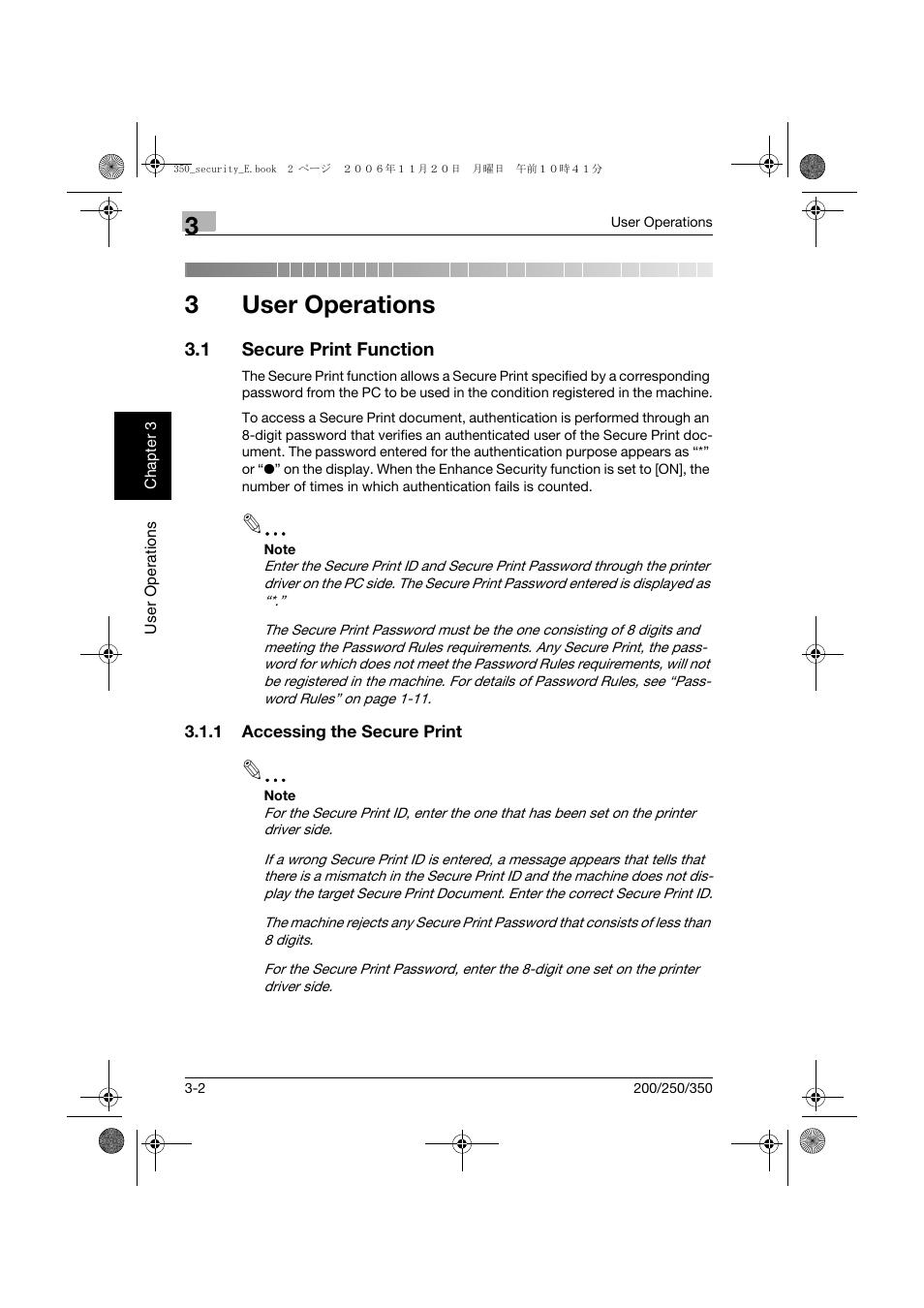1 secure print function, 1 accessing the secure print, User operations | Secure print function -2, Accessing the secure print -2, 3user operations | Konica Minolta bizhub 200 User Manual | Page 69 / 90