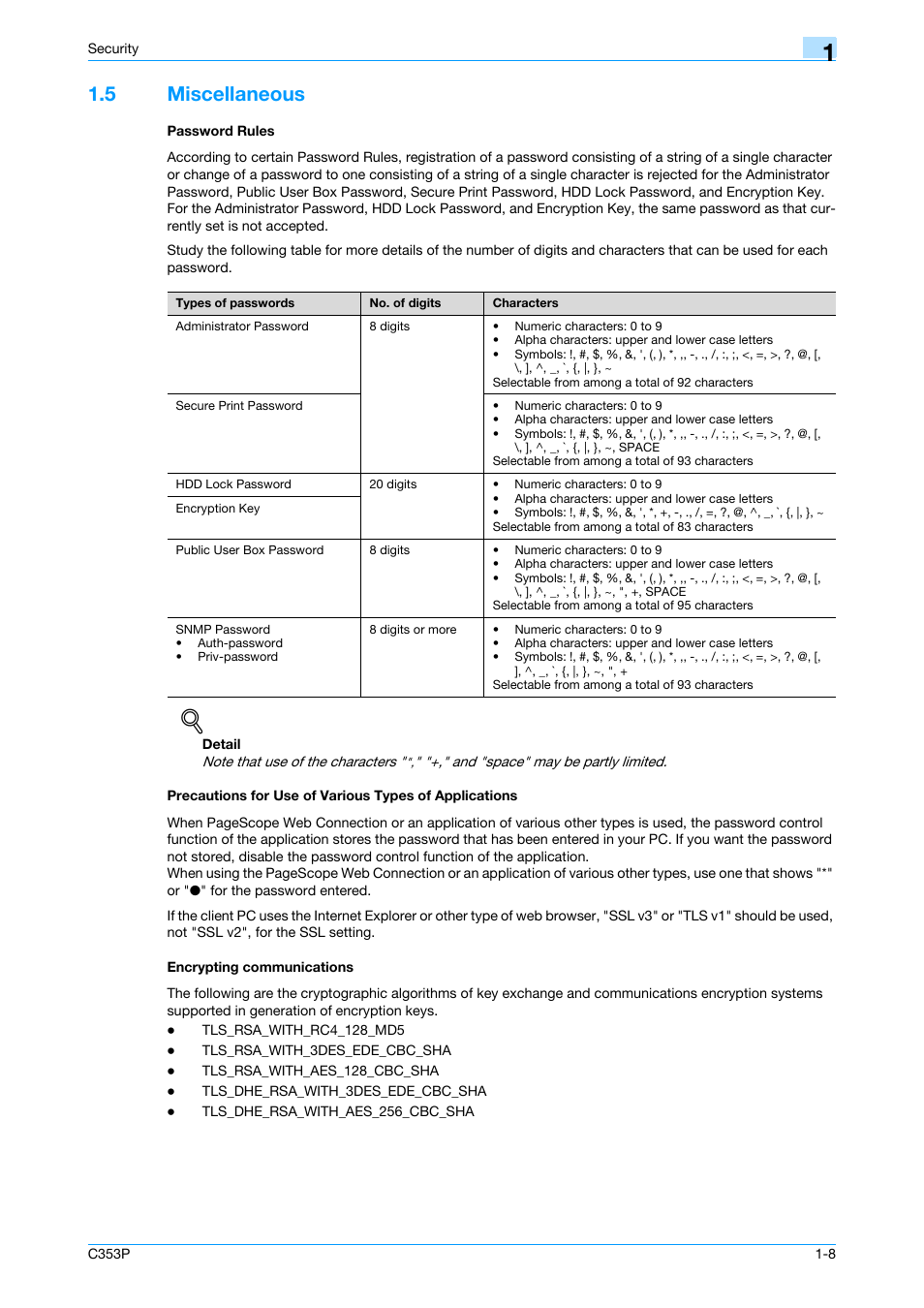 5 miscellaneous, Password rules, Encrypting communications | Konica Minolta bizhub C353P User Manual | Page 13 / 96