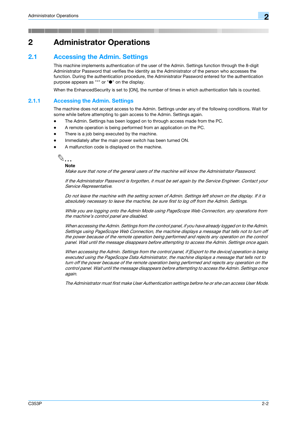 1 accessing the admin. settings, Administrator operations, Accessing the admin. settings -2 | 2administrator operations | Konica Minolta bizhub C353P User Manual | Page 17 / 96