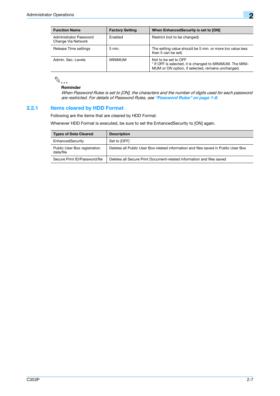 1 items cleared by hdd format, Items cleared by hdd format -7 | Konica Minolta bizhub C353P User Manual | Page 22 / 96