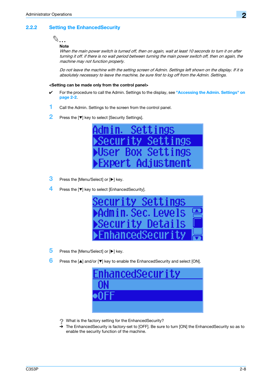 2 setting the enhancedsecurity, Setting can be made only from the control panel | Konica Minolta bizhub C353P User Manual | Page 23 / 96