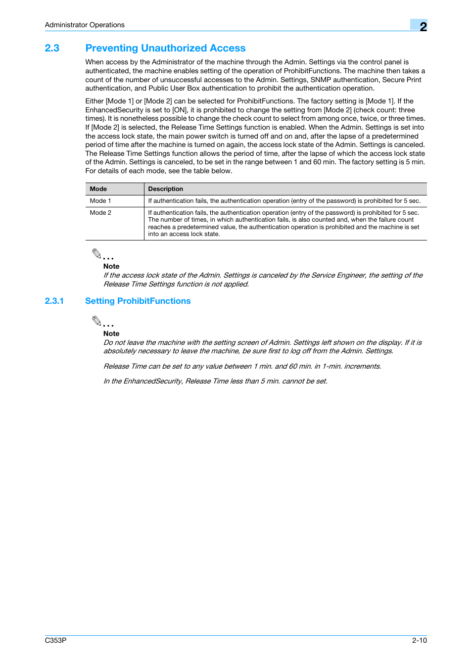 3 preventing unauthorized access, 1 setting prohibitfunctions, Preventing unauthorized access -10 | Setting prohibitfunctions -10 | Konica Minolta bizhub C353P User Manual | Page 25 / 96