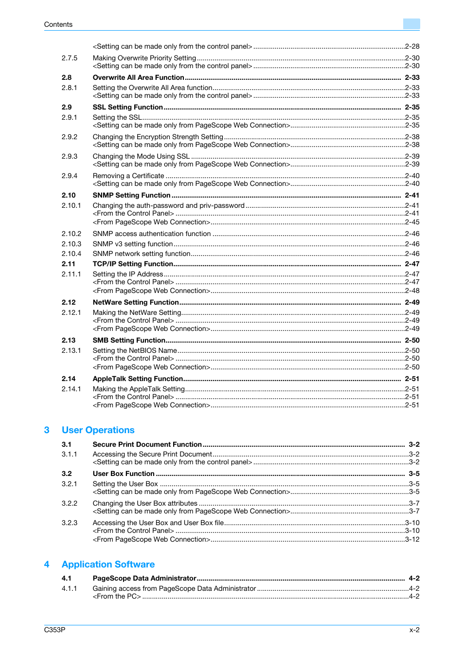 3user operations, 4application software | Konica Minolta bizhub C353P User Manual | Page 3 / 96