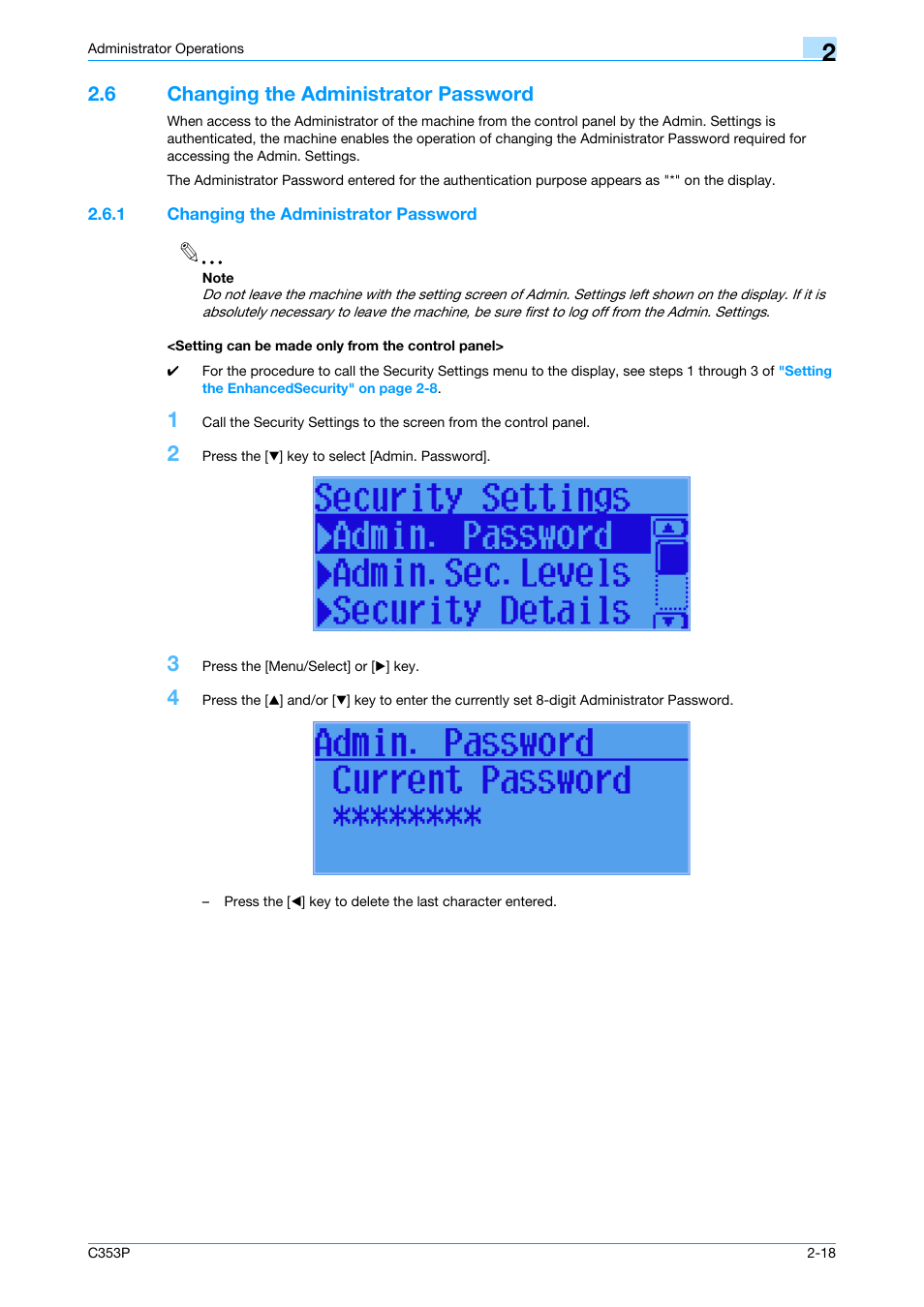 6 changing the administrator password, 1 changing the administrator password, Setting can be made only from the control panel | Changing the administrator password -18 | Konica Minolta bizhub C353P User Manual | Page 33 / 96