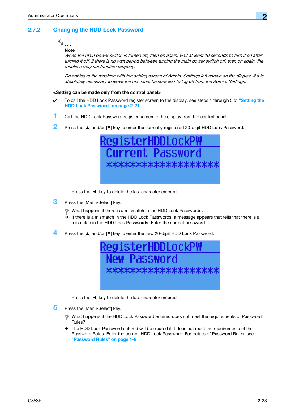 2 changing the hdd lock password, Setting can be made only from the control panel | Konica Minolta bizhub C353P User Manual | Page 38 / 96