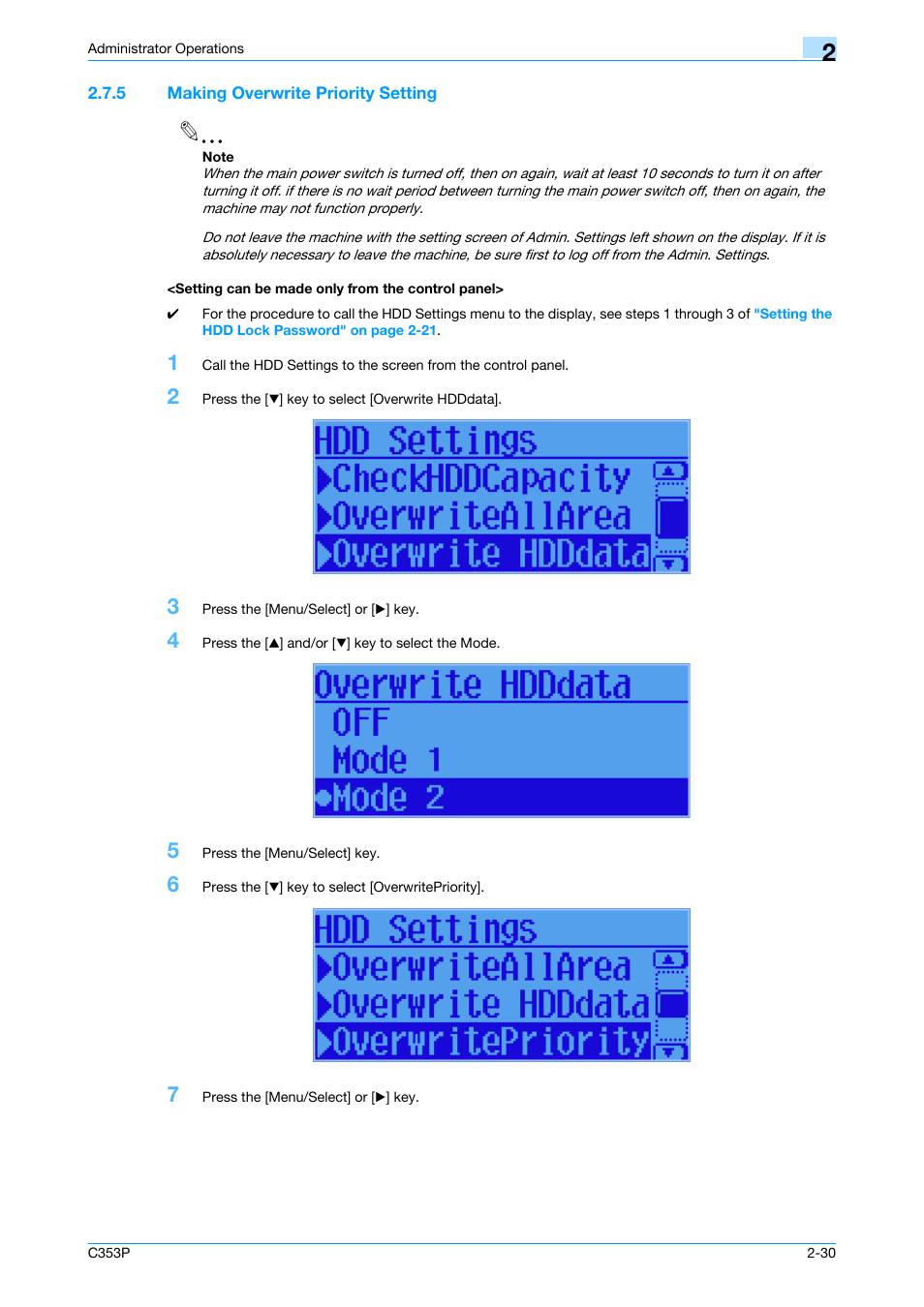 5 making overwrite priority setting, Setting can be made only from the control panel, Making overwrite priority setting" on | Konica Minolta bizhub C353P User Manual | Page 45 / 96