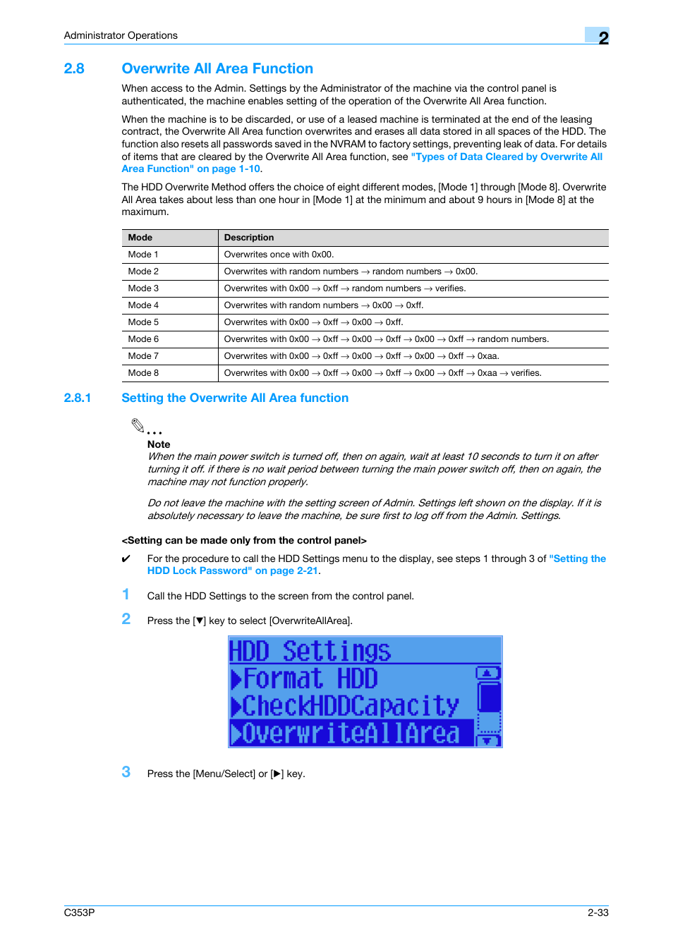 8 overwrite all area function, 1 setting the overwrite all area function, Setting can be made only from the control panel | Overwrite all area function -33 | Konica Minolta bizhub C353P User Manual | Page 48 / 96