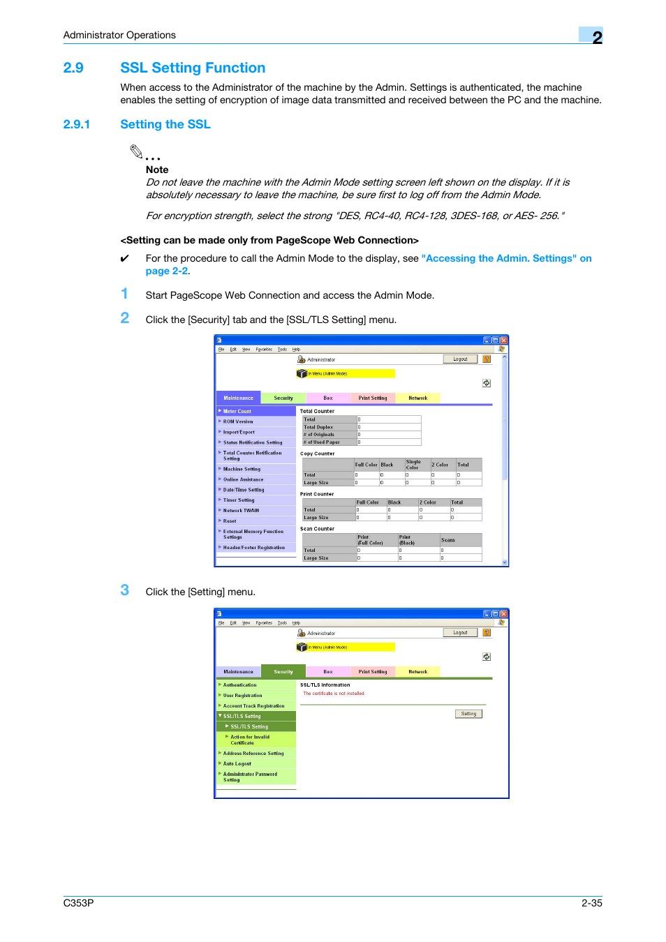 9 ssl setting function, 1 setting the ssl, Ssl setting function -35 | Konica Minolta bizhub C353P User Manual | Page 50 / 96