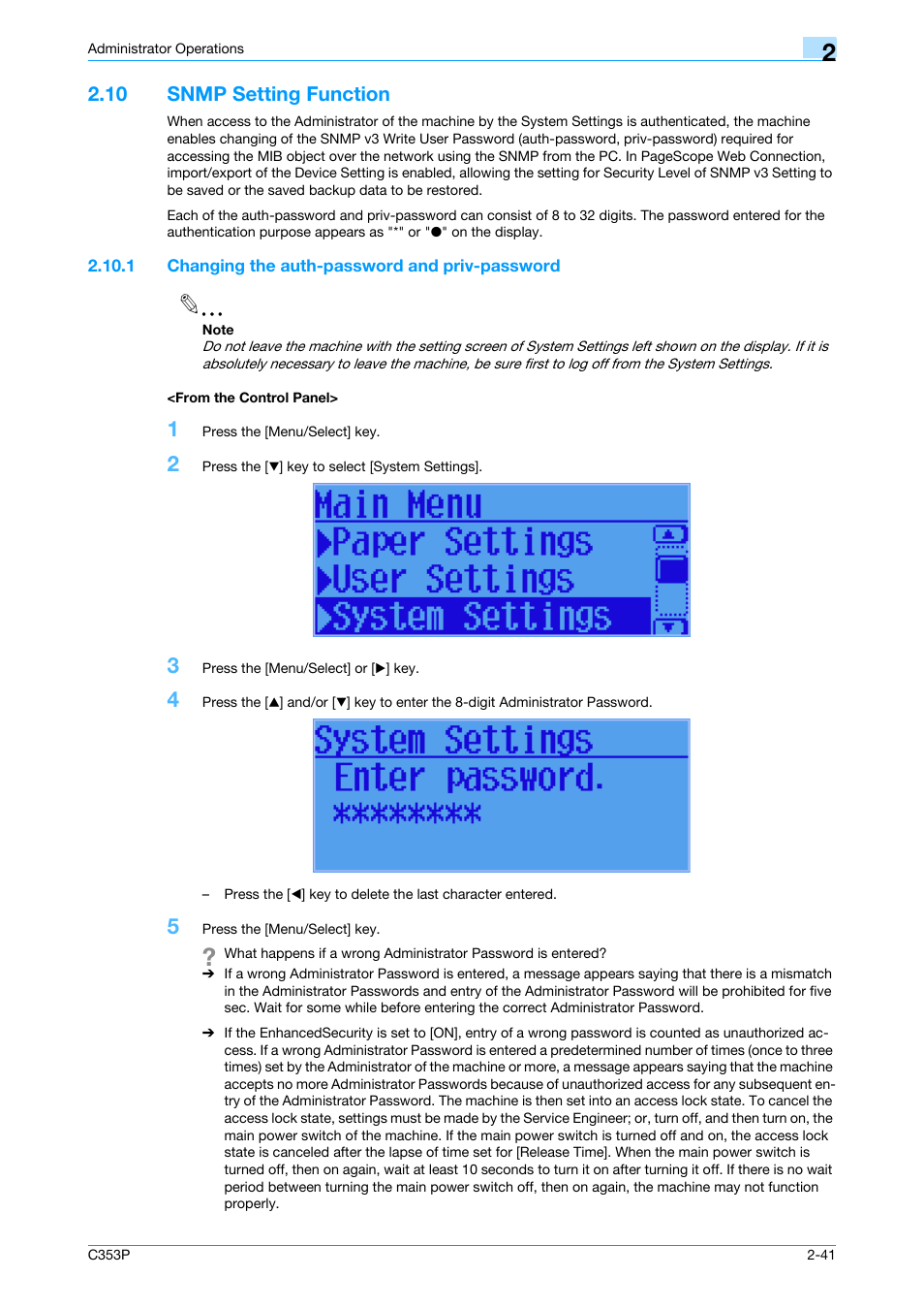 10 snmp setting function, 1 changing the auth-password and priv-password, From the control panel | Snmp setting function -41 | Konica Minolta bizhub C353P User Manual | Page 56 / 96