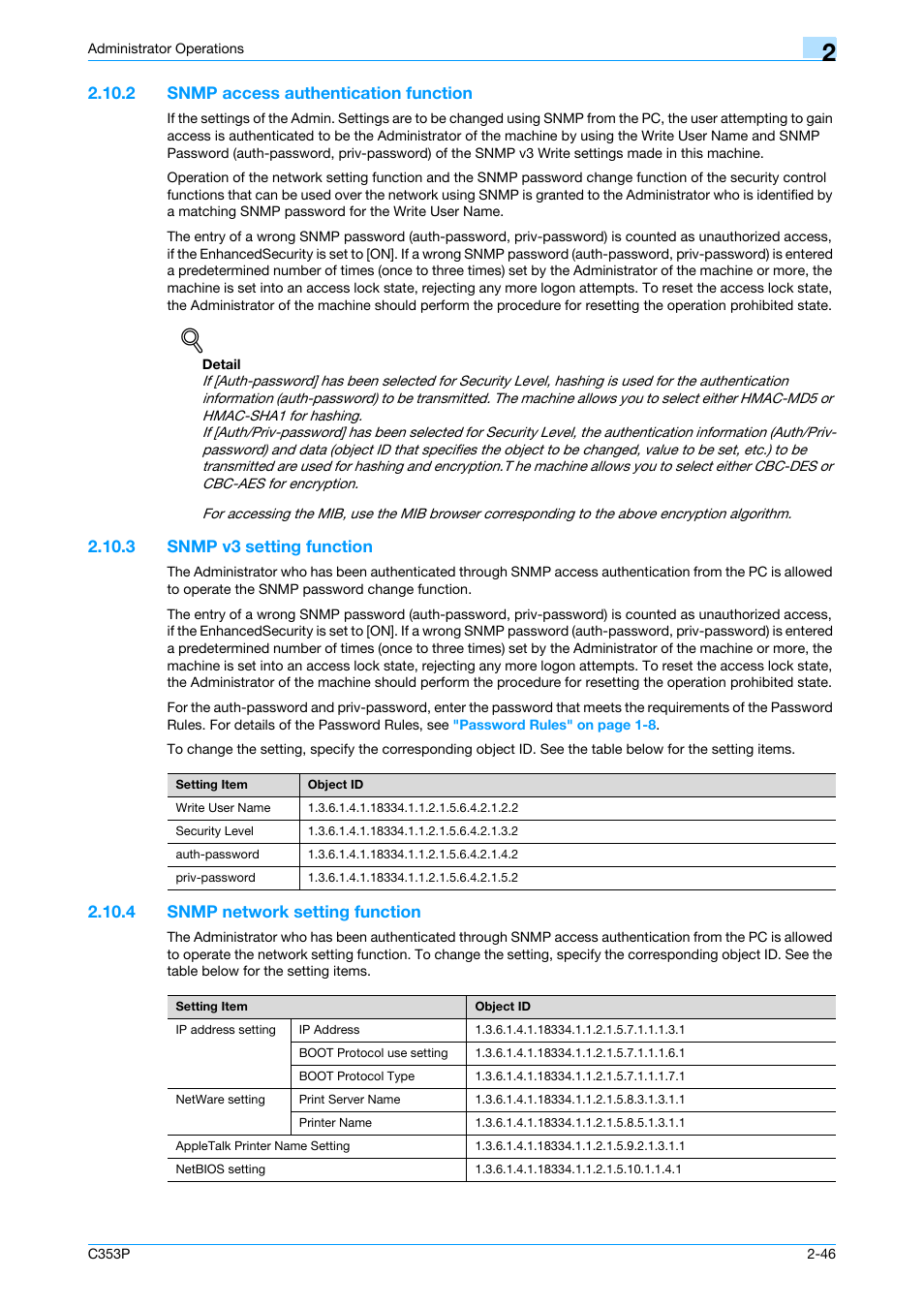 2 snmp access authentication function, 3 snmp v3 setting function, 4 snmp network setting function | Snmp access authentication function -46, Snmp v3 setting function -46, Snmp network setting function -46 | Konica Minolta bizhub C353P User Manual | Page 61 / 96