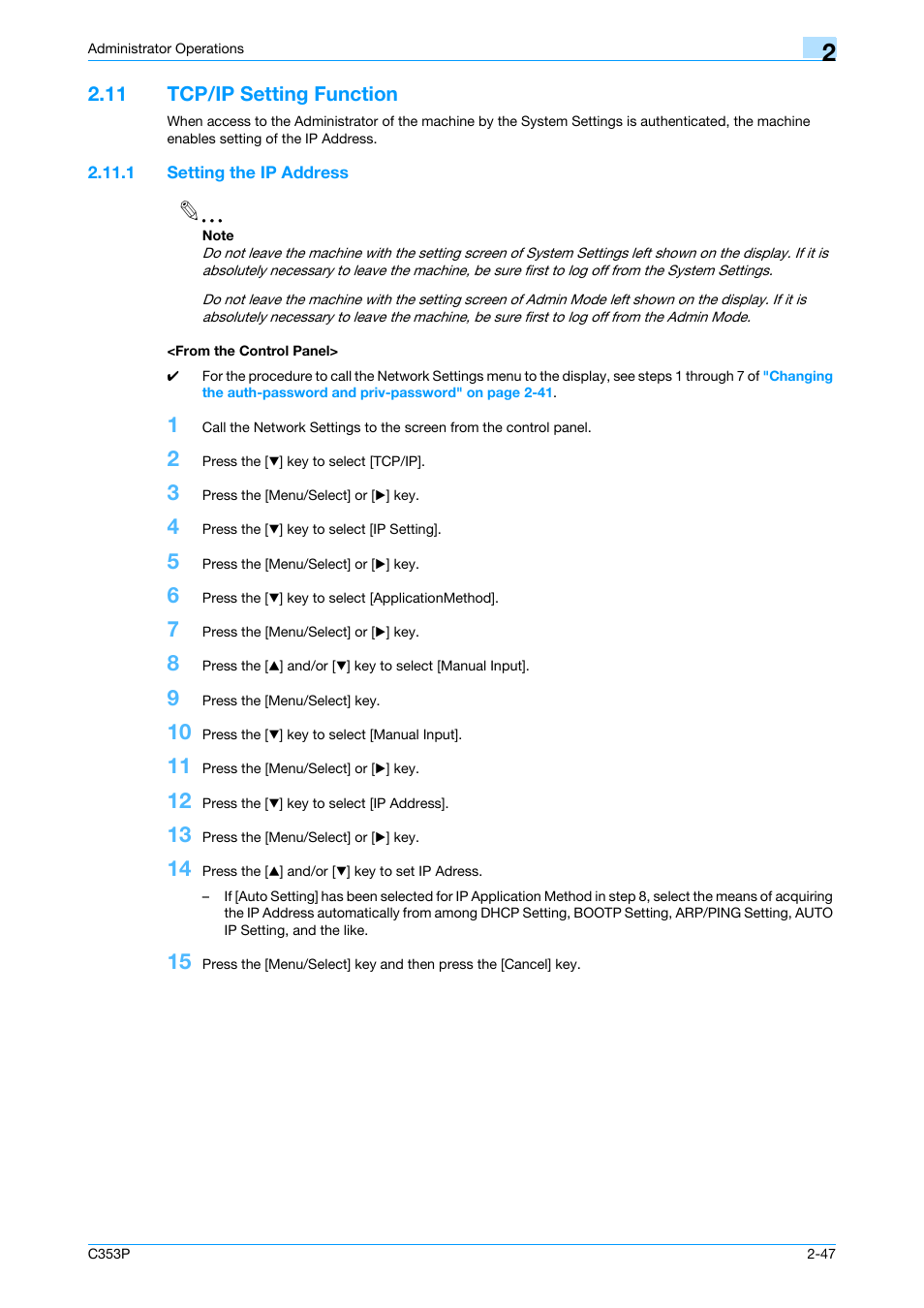 11 tcp/ip setting function, 1 setting the ip address, From the control panel | Tcp/ip setting function -47 | Konica Minolta bizhub C353P User Manual | Page 62 / 96