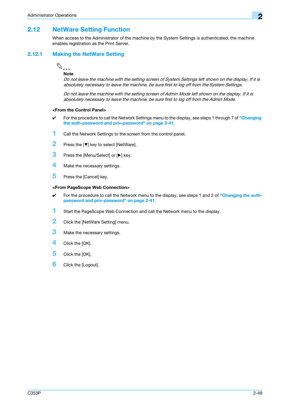 12 netware setting function, 1 making the netware setting, From the control panel | Netware setting function -49 | Konica Minolta bizhub C353P User Manual | Page 64 / 96