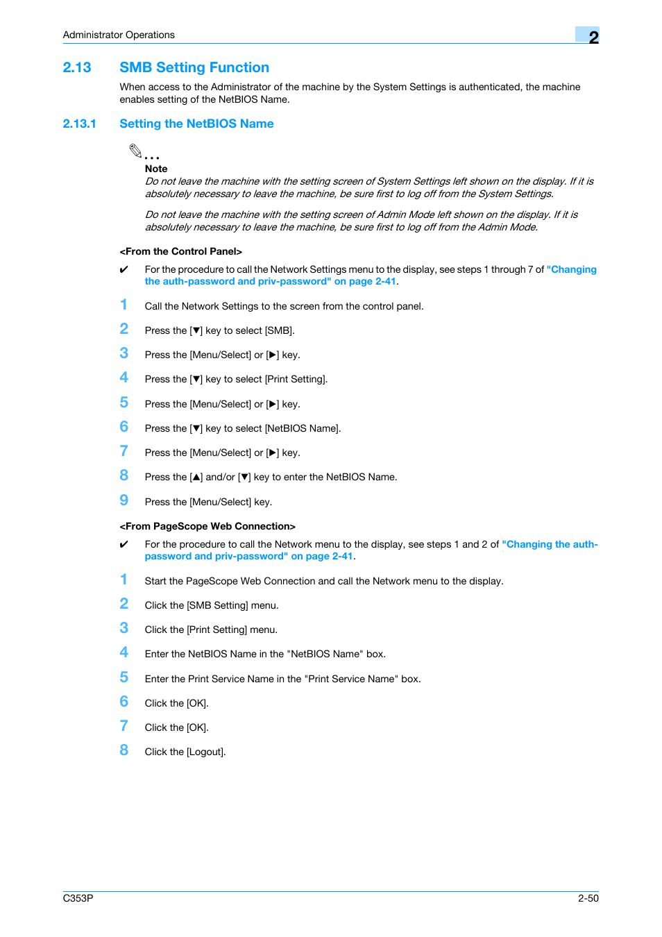 13 smb setting function, 1 setting the netbios name, From the control panel | Smb setting function -50 | Konica Minolta bizhub C353P User Manual | Page 65 / 96