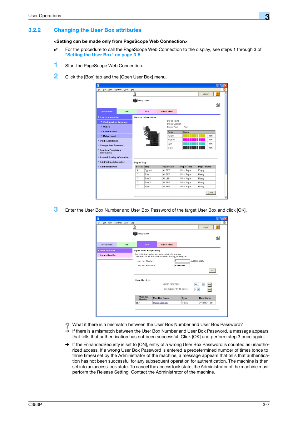 2 changing the user box attributes, Changing the | Konica Minolta bizhub C353P User Manual | Page 74 / 96