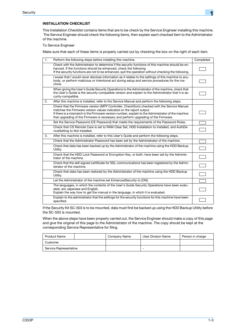 Installation checklist, Installation checklist -3 | Konica Minolta bizhub C353P User Manual | Page 8 / 96