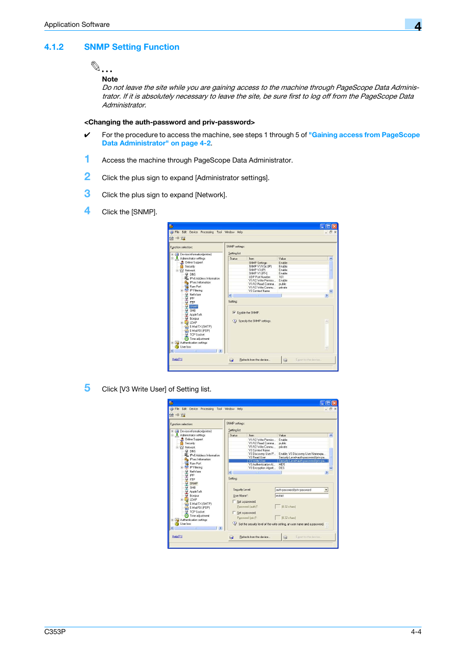 2 snmp setting function, Changing the auth-password and priv-password | Konica Minolta bizhub C353P User Manual | Page 83 / 96