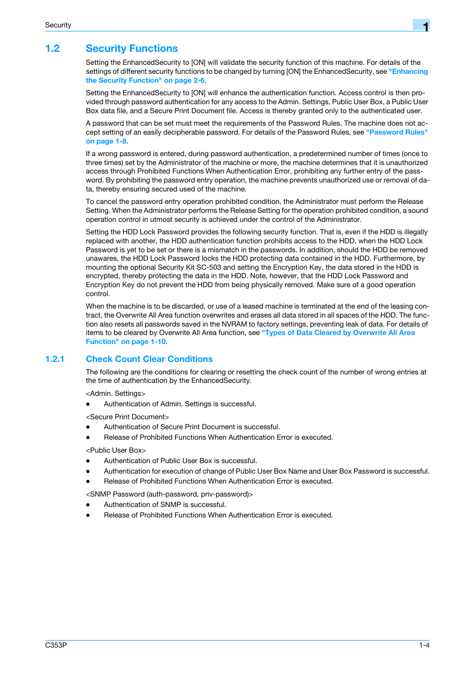 2 security functions, 1 check count clear conditions, Security functions -4 | Check count clear conditions -4 | Konica Minolta bizhub C353P User Manual | Page 9 / 96