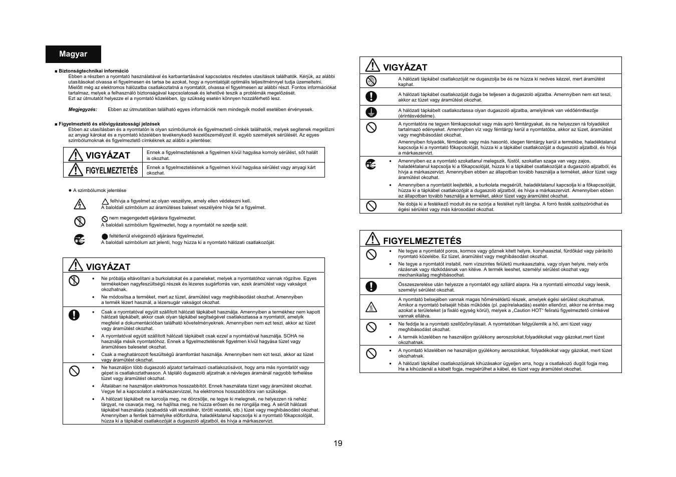 Vigyázat, Figyelmeztetés, 19 magyar | Konica Minolta bizhub 40P User Manual | Page 18 / 40