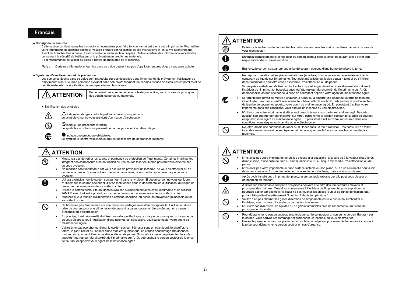 Attention, 5 français | Konica Minolta bizhub 40P User Manual | Page 4 / 40