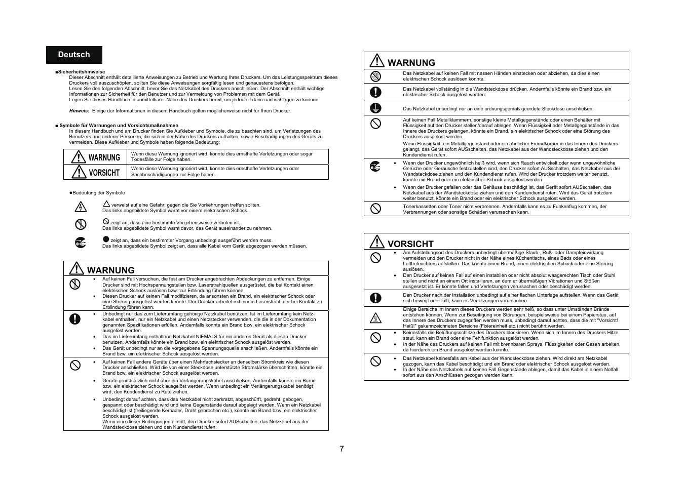 Warnung, Vorsicht, 7 deutsch | Konica Minolta bizhub 40P User Manual | Page 6 / 40