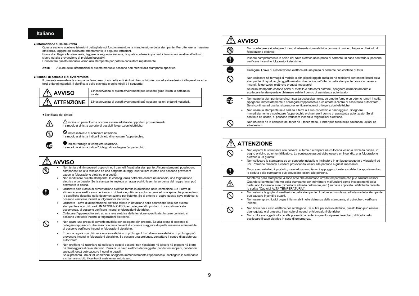Avviso, Attenzione, 9 italiano | Konica Minolta bizhub 40P User Manual | Page 8 / 40