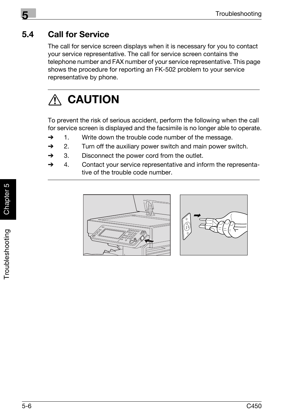 4 call for service, Call for service -6, 7 caution | Konica Minolta FK-502 User Manual | Page 135 / 450