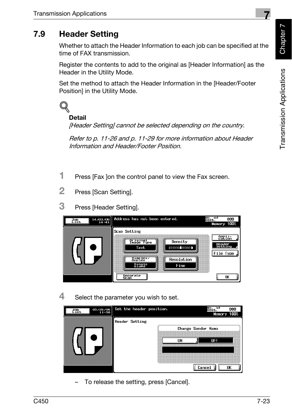 9 header setting, Header setting -23 | Konica Minolta FK-502 User Manual | Page 160 / 450