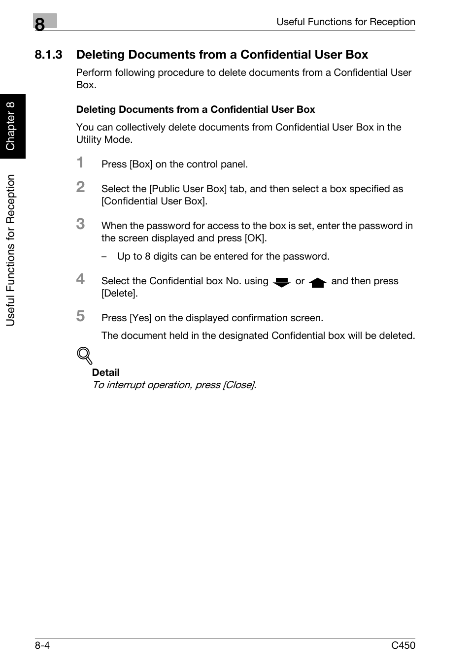 3 deleting documents from a confidential user box, Deleting documents from a confidential user box, Deleting documents from a confidential user box -4 | Konica Minolta FK-502 User Manual | Page 189 / 450