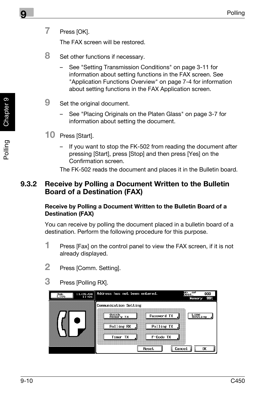 Receive by polling a document written to, The bulletin board of a destination (fax) -10 | Konica Minolta FK-502 User Manual | Page 203 / 450