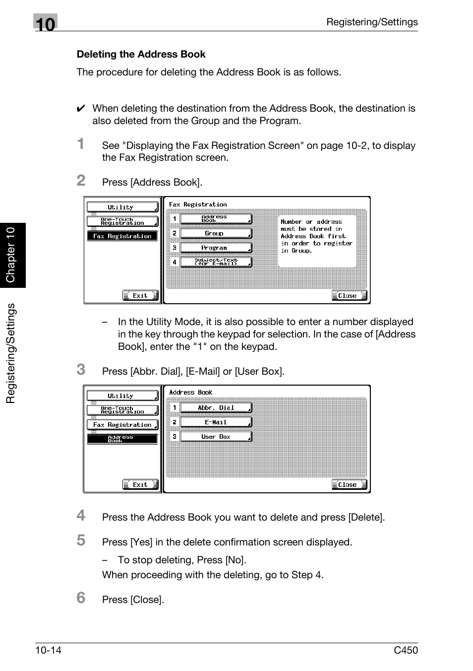 Deleting the address book | Konica Minolta FK-502 User Manual | Page 219 / 450