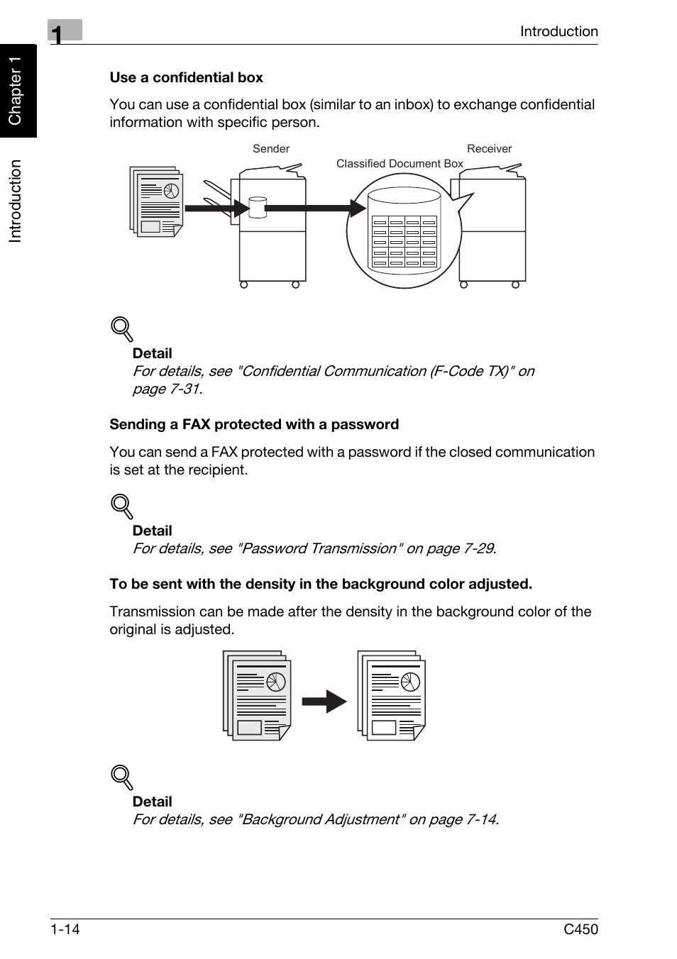 Use a confidential box, Sending a fax protected with a password | Konica Minolta FK-502 User Manual | Page 23 / 450