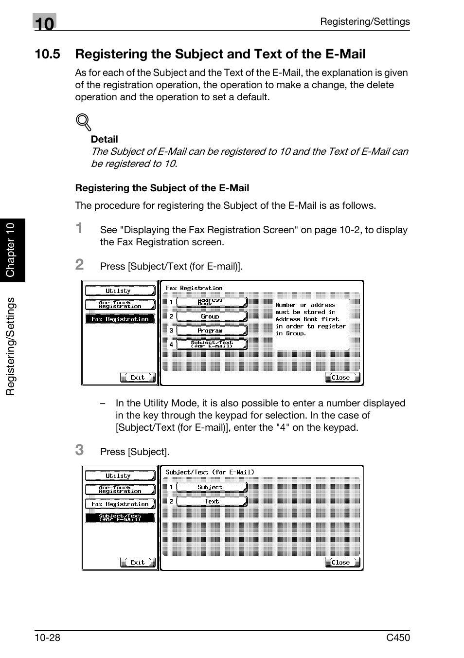 5 registering the subject and text of the e-mail, Registering the subject of the e-mail, Registering the subject and text of the e-mail -28 | Konica Minolta FK-502 User Manual | Page 233 / 450