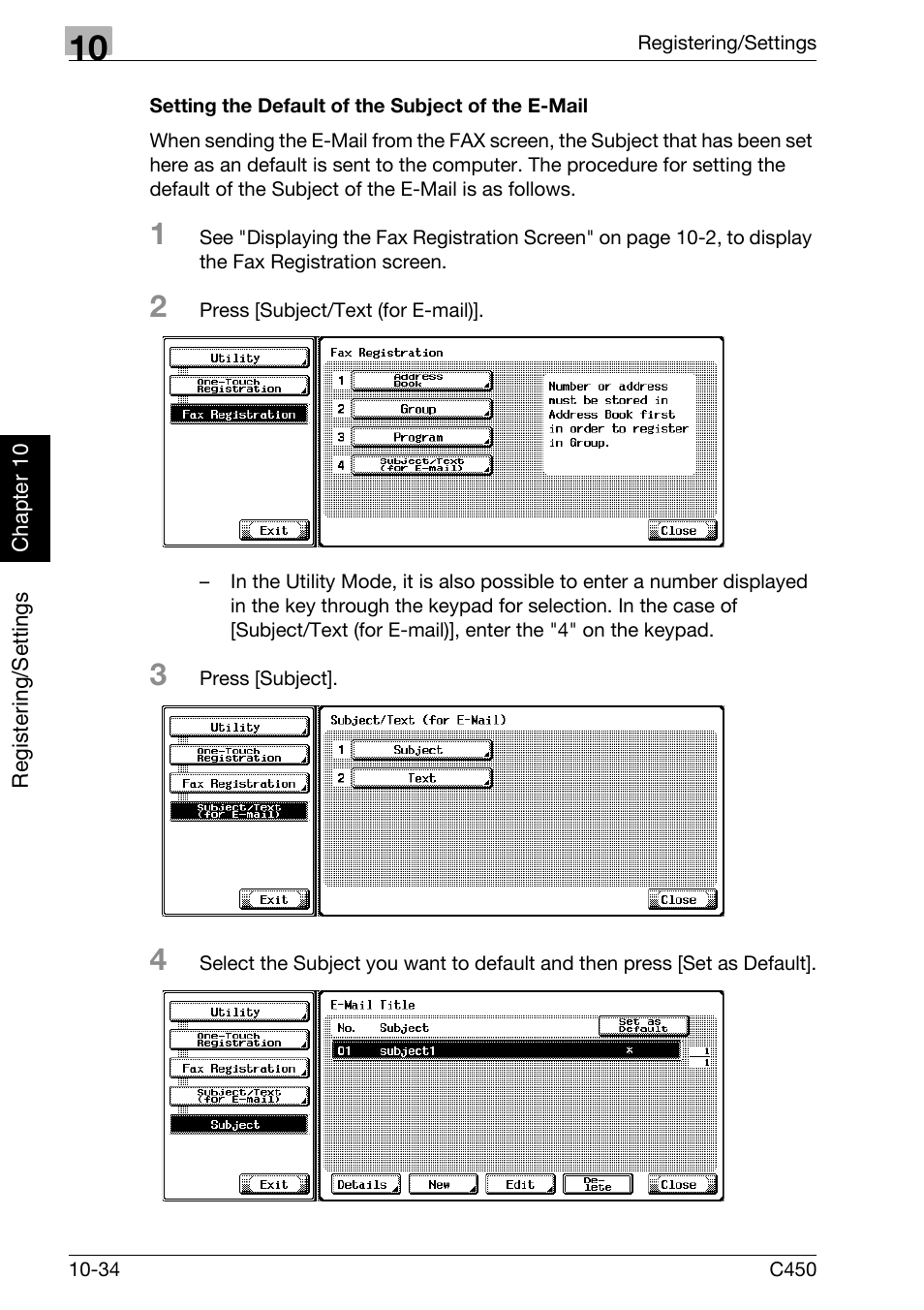 Setting the default of the subject of the e-mail | Konica Minolta FK-502 User Manual | Page 239 / 450