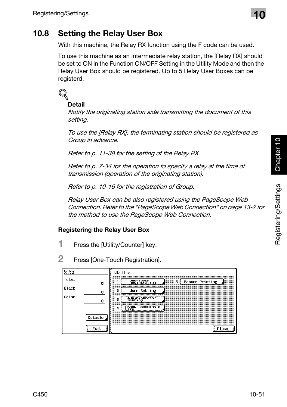 8 setting the relay user box, Registering the relay user box, Setting the relay user box -51 | P. 10-51 a | Konica Minolta FK-502 User Manual | Page 256 / 450