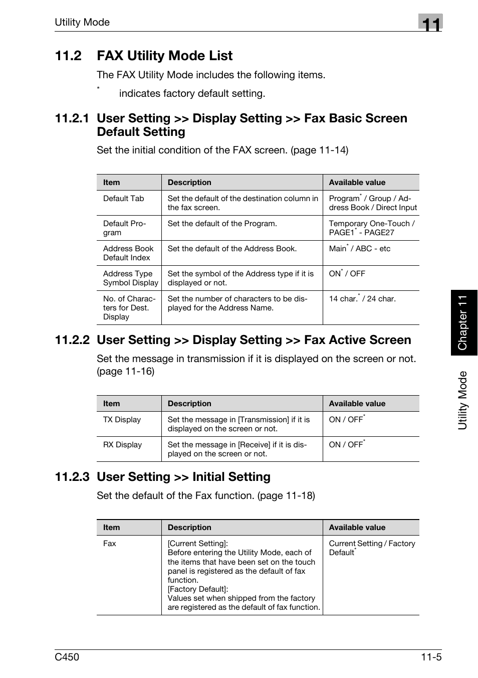 2 fax utility mode list, 3 user setting >> initial setting, Fax utility mode list -5 | User setting >> display setting, Fax basic screen default setting -5, User setting >> initial setting -5, Utility mode ch ap te r 11 | Konica Minolta FK-502 User Manual | Page 264 / 450
