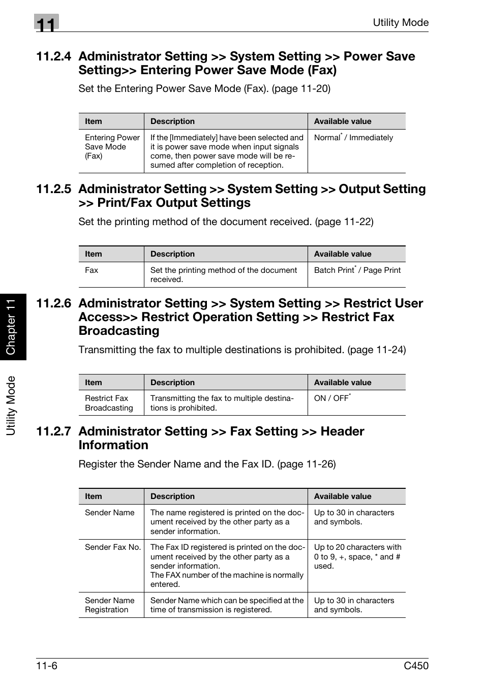 Administrator setting >> system setting, Print/fax output settings -6, Utility mode ch ap te r 11 | Konica Minolta FK-502 User Manual | Page 265 / 450