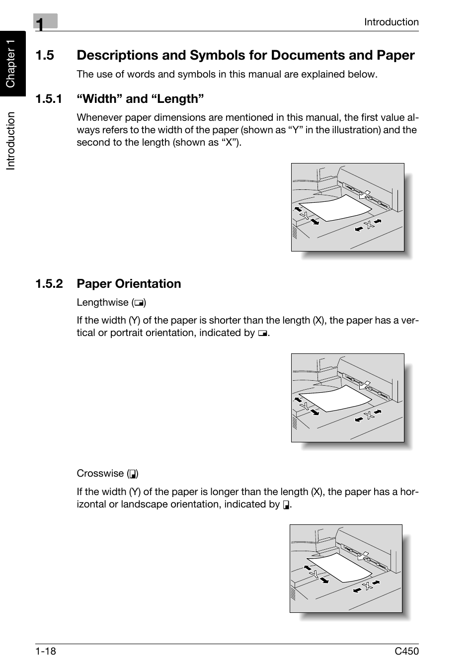 5 descriptions and symbols for documents and paper, 1 “width” and “length, 2 paper orientation | Width” and “length” -18, Paper orientation -18 | Konica Minolta FK-502 User Manual | Page 27 / 450