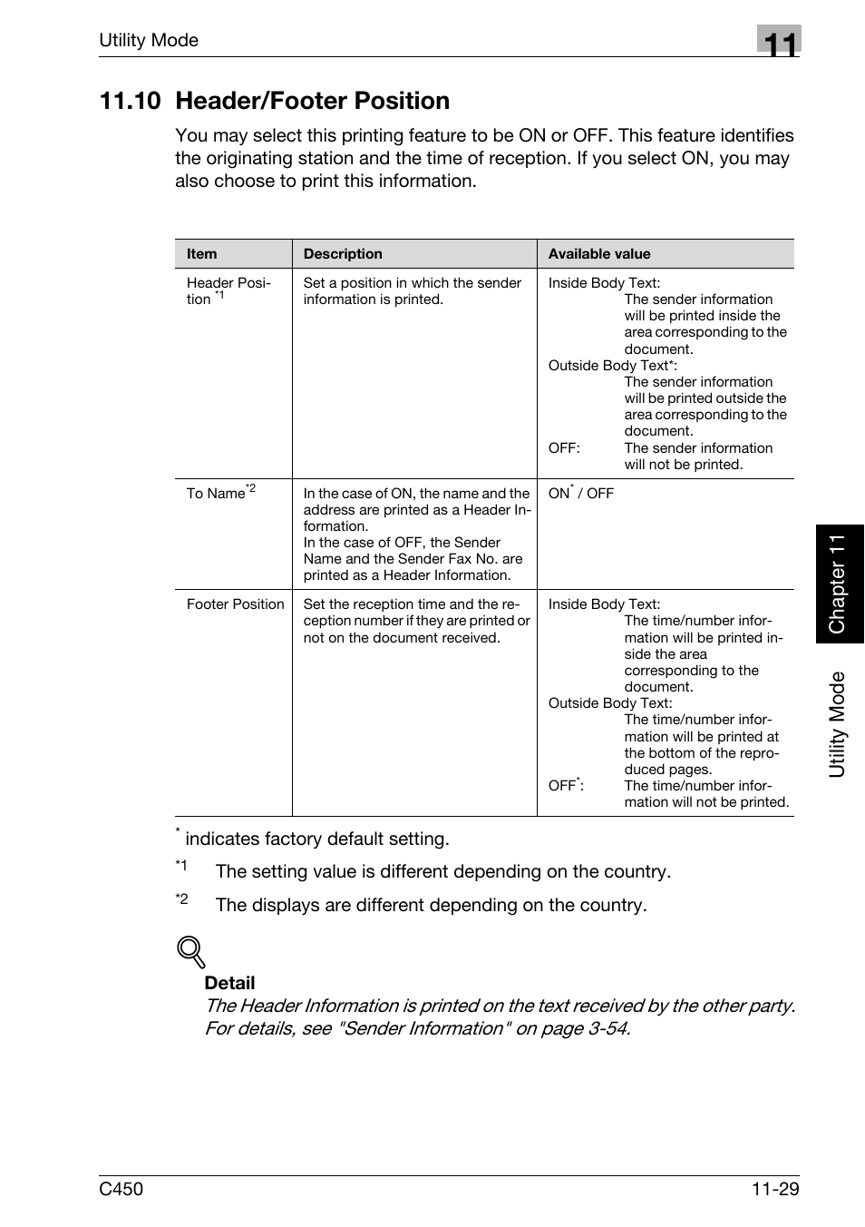 10 header/footer position, 10 header/footer position -29, Utility mode ch ap te r 11 | Konica Minolta FK-502 User Manual | Page 288 / 450