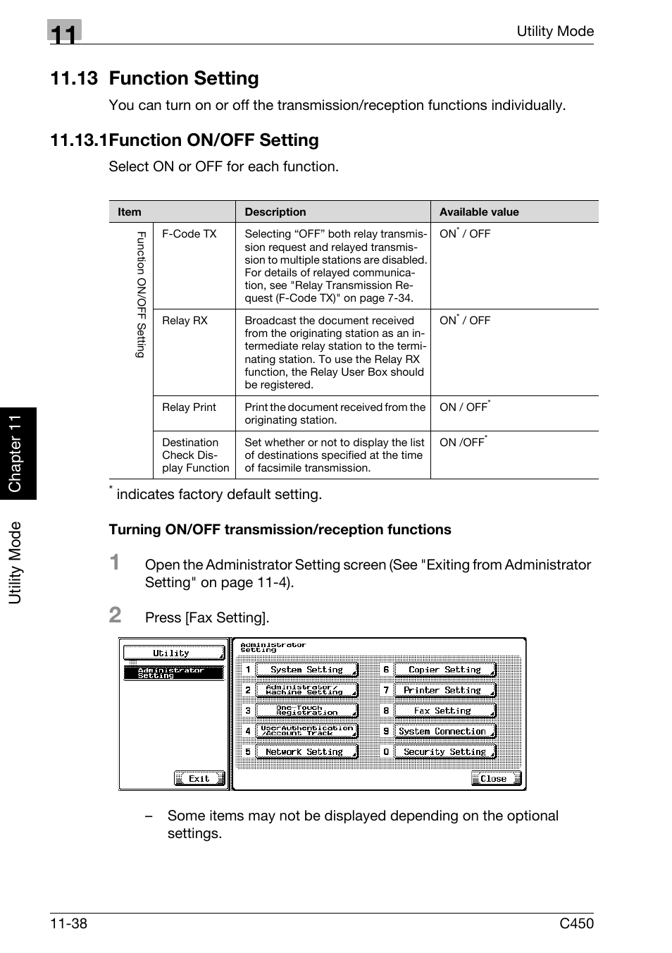 13 function setting, 1 function on/off setting, Turning on/off transmission/reception functions | 13 function setting -38, Function on/off setting -38, D p. 11-38, To p. 11-38 for more information, P. 11-38 for, 1function on/off setting, Utility mode ch ap te r 11 | Konica Minolta FK-502 User Manual | Page 297 / 450