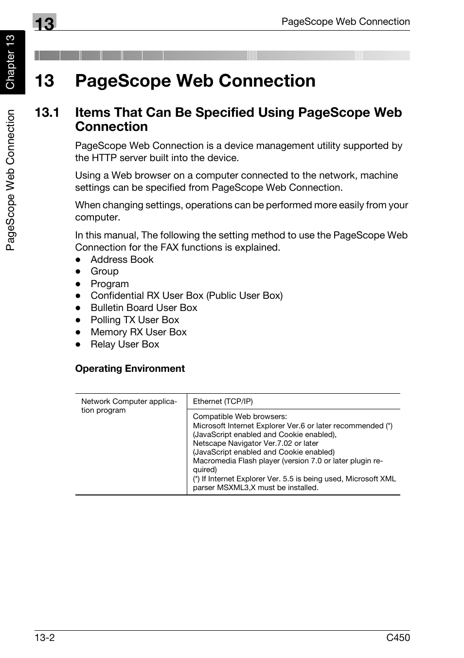 Operating environment, Items that can be specified using, 13 pagescope web connection | Konica Minolta FK-502 User Manual | Page 391 / 450