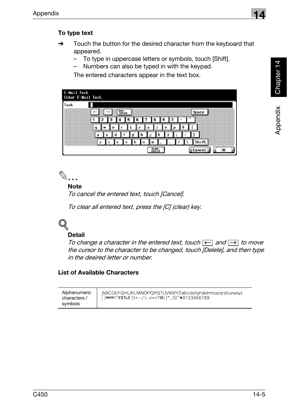 To type text, List of available characters | Konica Minolta FK-502 User Manual | Page 438 / 450