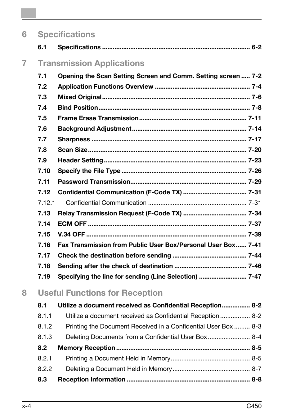 6specifications, 7transmission applications, 8useful functions for reception | Konica Minolta FK-502 User Manual | Page 5 / 450