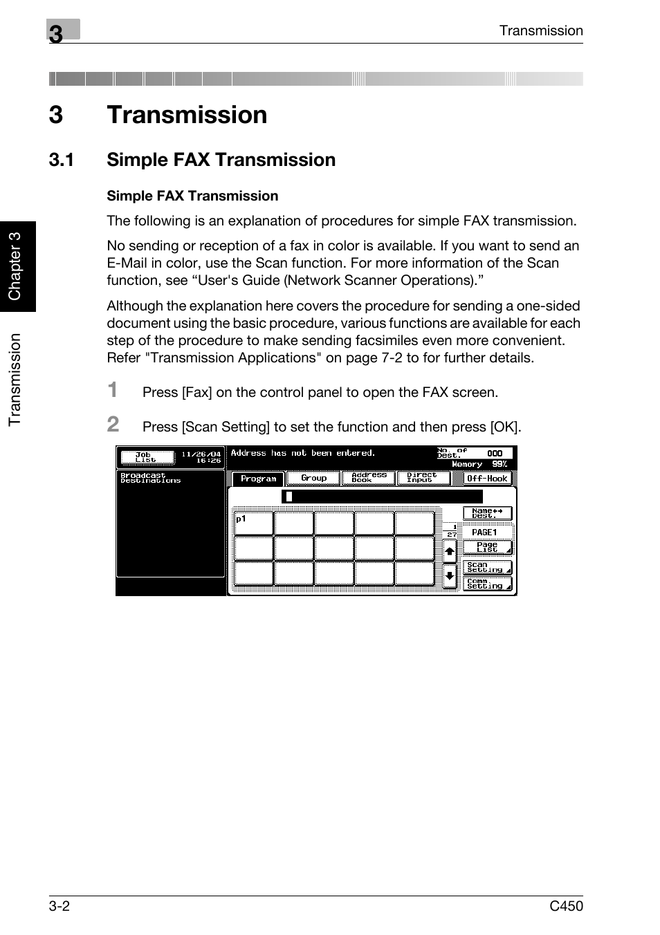 3 transmission, 1 simple fax transmission, Simple fax transmission | Transmission, Simple fax transmission -2, 3transmission | Konica Minolta FK-502 User Manual | Page 57 / 450