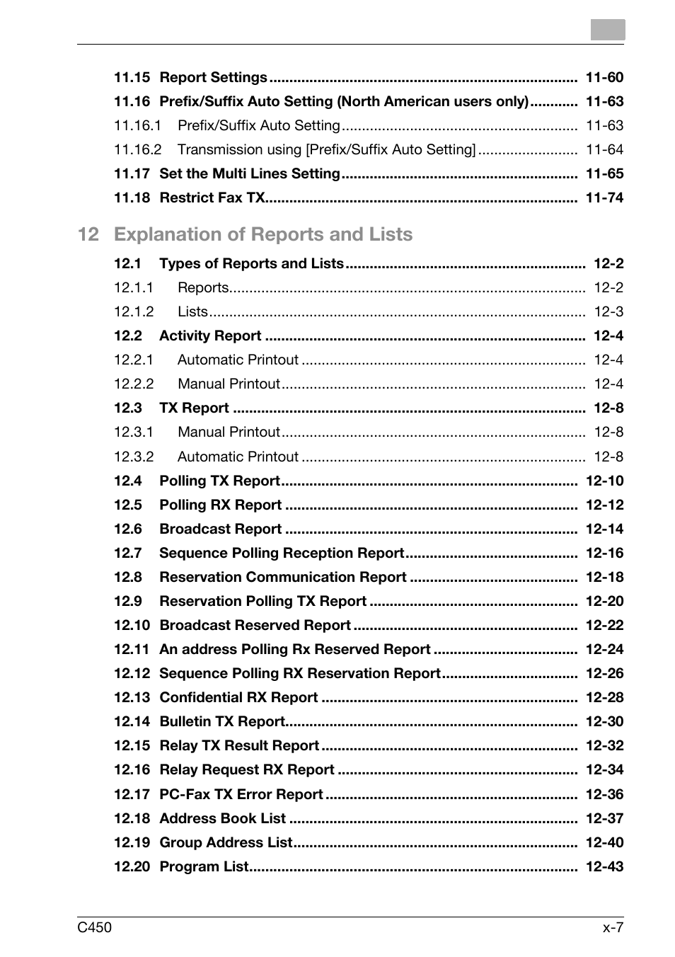 12 explanation of reports and lists | Konica Minolta FK-502 User Manual | Page 8 / 450