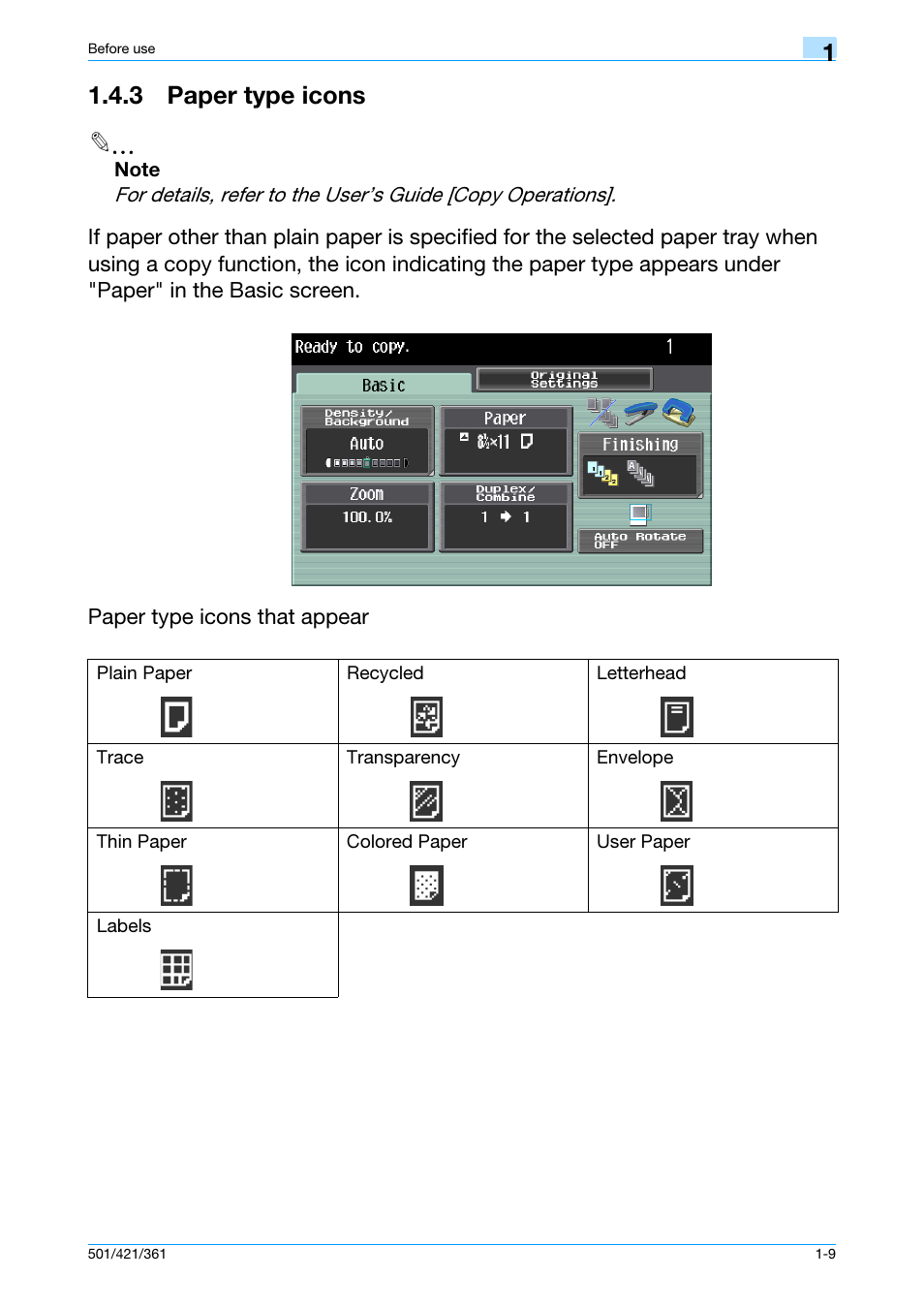 3 paper type icons, 3 paper type icons -9, 3 paper type icons 2 | Konica Minolta bizhub 421 User Manual | Page 15 / 103