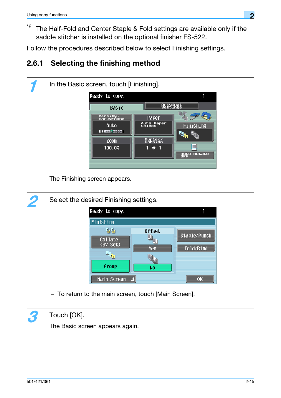 1 selecting the finishing method, 1 selecting the finishing method -15 | Konica Minolta bizhub 421 User Manual | Page 42 / 103